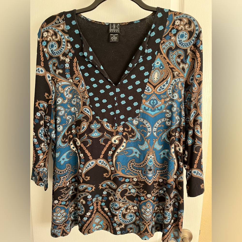 INC Aqua/brown/black print 3/4 sleeve v-neck top 2X
